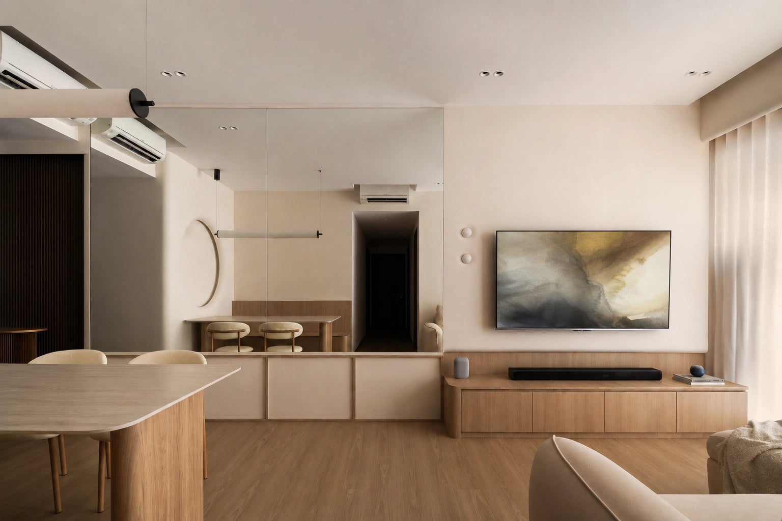 Scandinavian living room with wooden TV console and white sofa
